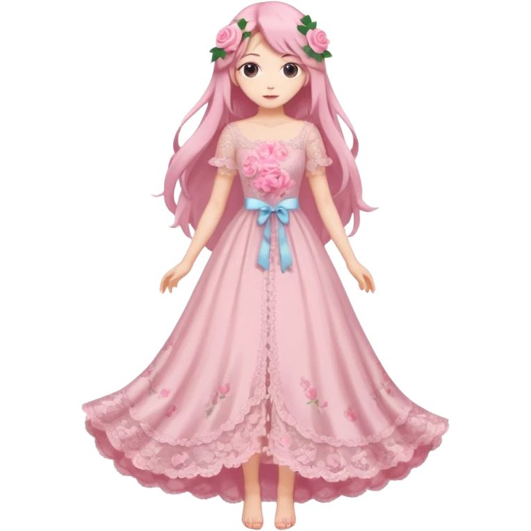 pastel anime woman with pink roses lace dress full body emoji