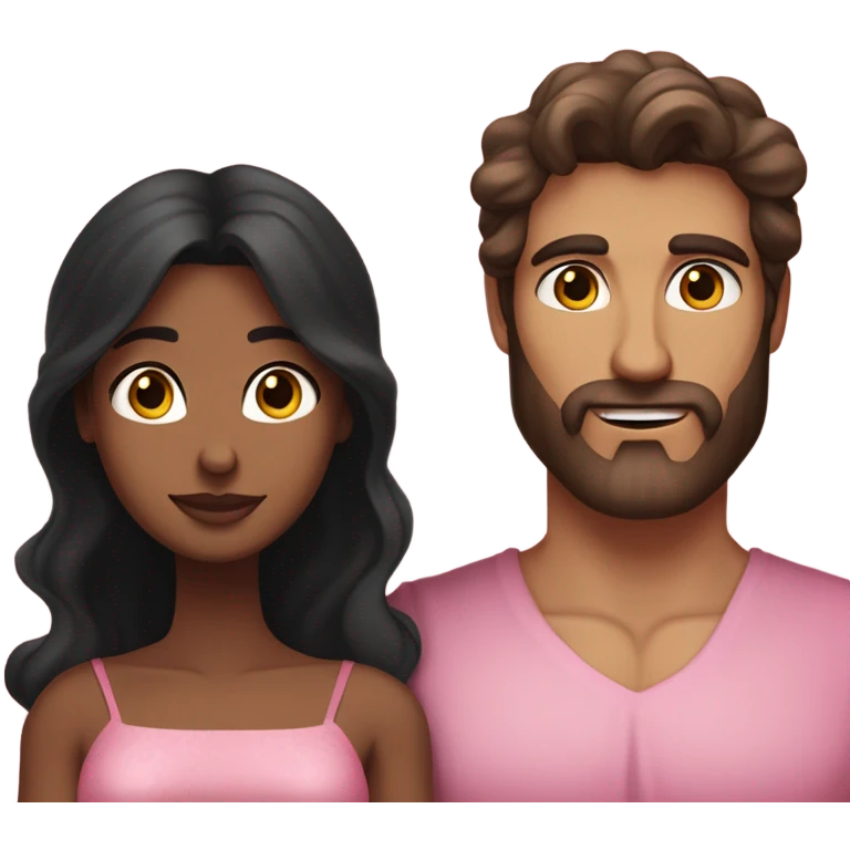 A handsome pale Greek god man who has long brown hair and tanned skin with a pretty black woman who has long black hair and she is wearing a pink dress and they are a couple emoji