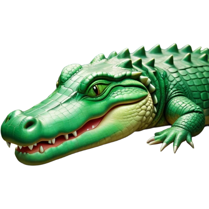 Meme-Worthy Cute Sleeping Crocodile Portrait Emoji, Head resting peacefully with a contented smile, showcasing a robust, powerful build and a luxuriously soft textured emerald-green hide, eyes shut in a serene, restful nap, Simplified yet hilariously adorable features, highly detailed, glowing with a soft, drowsy light, high shine, relaxed and utterly lovable, stylized with an air of playful laziness, bright and heartwarming, soft glowing outline, capturing the essence of a comically sleepy crocodile, so meme-worthy it feels like it could instantly become the next viral sensation of adorable reptilian slumber! emoji