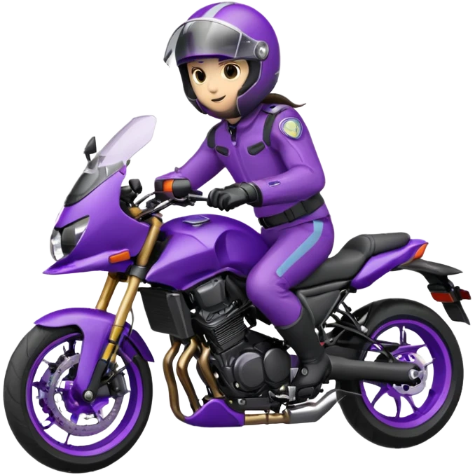 Créer un emoji avec une moto mt07 sport noir mate / violet iridescent très foncé, pare-brise de la moto violet. Avec une pilote dessus, visage complet caché  par la visière violette . Avec en arrière plan cercle violet. emoji