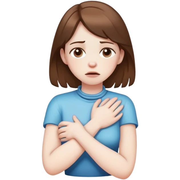 A brown haired girl, choking her neck with crossed arms ￼ emoji