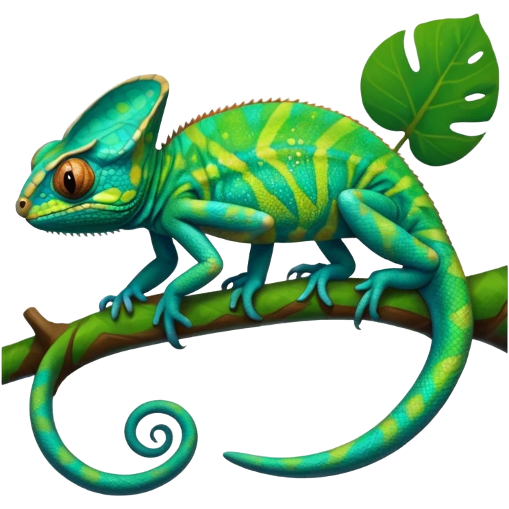 Realistic, rendering, highly detailed, 4K, 1x1, vivid  turquoise and bold green color Veiled Chameleon emoji