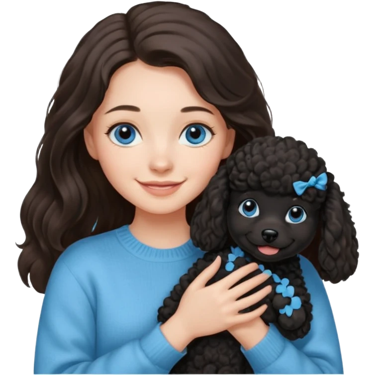 One Brunette girl with blue eyes and long hair in a light blue sweater holds one black Poodle puppy in her arms emoji