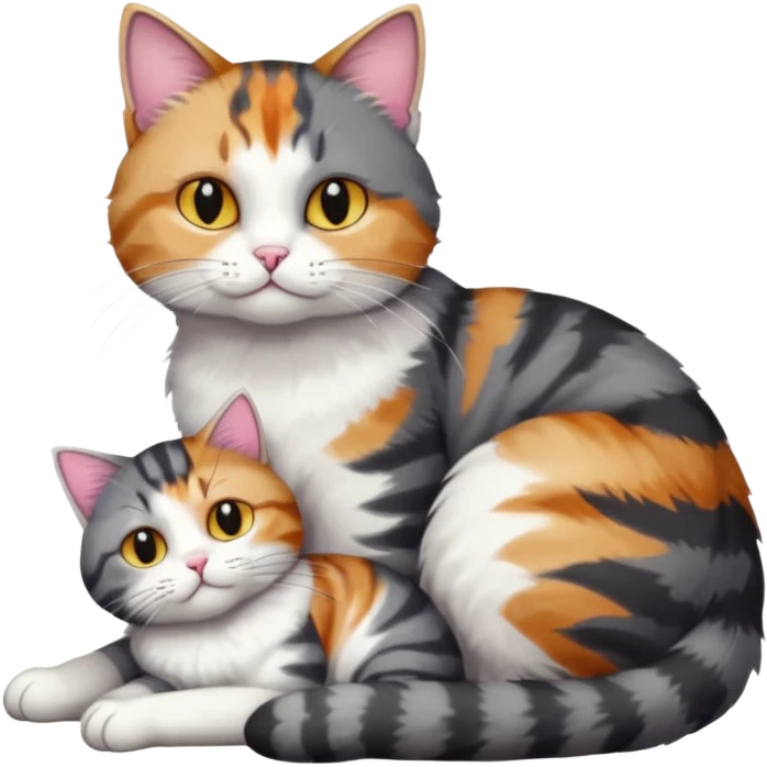 full body colourful light patched calico + white tabby cat cuddling a bigger cat that is dark grey and white tabby cat  emoji