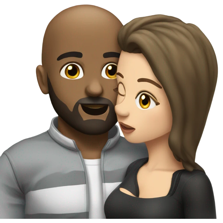 White brunette kissing muscular black bald man with beard emoji