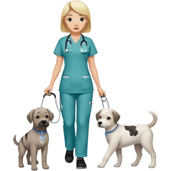 Blond white girl wearing nursing scrubs with 1 dog medium size white and gray and 1 dog large brindle and white, a dark skinned black guy with black short hair and their baby on a walk emoji