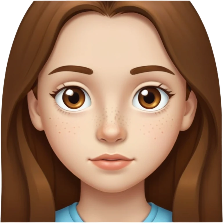 A 12-year-old girl with very long brown hair, light brown eyes, medium thick eyebrows, slightly big lips, a small freckle on her cheek and another small freckle under her eye emoji