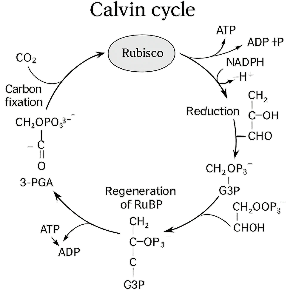 highly scientific, detailed, and labeled illustration of the Calvin cycle, showing all key molecules, enzymes, and steps, no background, transparent emoji
