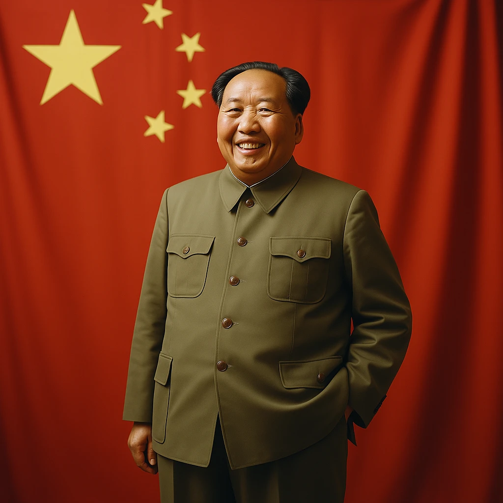 Make Mao Zedong smile, keep photorealistic style, standing with Chinese flag. emoji
