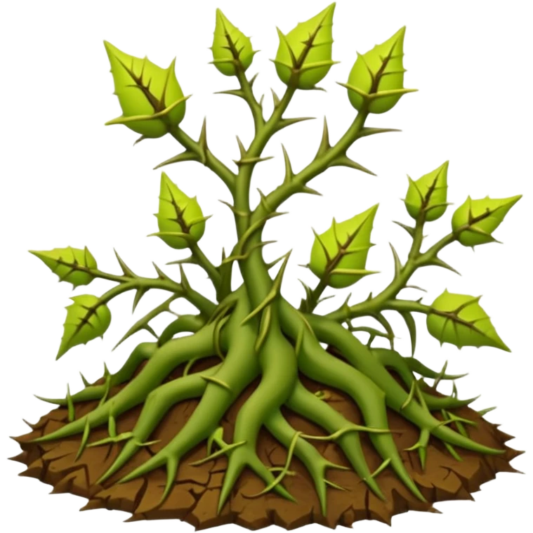 green vines with thorns sprouting from the ground, 3D, extremely detailed, earthy color palette, yellow green and brown tones, filigree inspired emoji