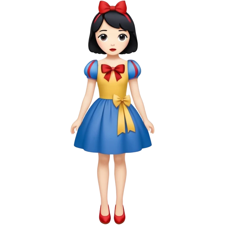 full body Snow White with blue and yellow dress, short black hair with red bow, minimal style emoji