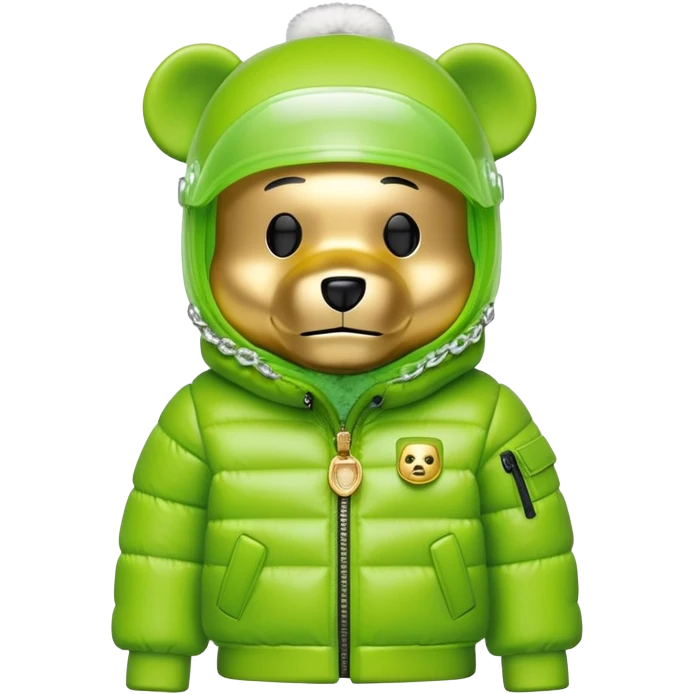 bearbrick with lime green balaclava that has built-in panoramic visor lens directly in eye area, single continuous shield integrated into the mask, not separate glasses, puffy jacket with fur, gold chains emoji