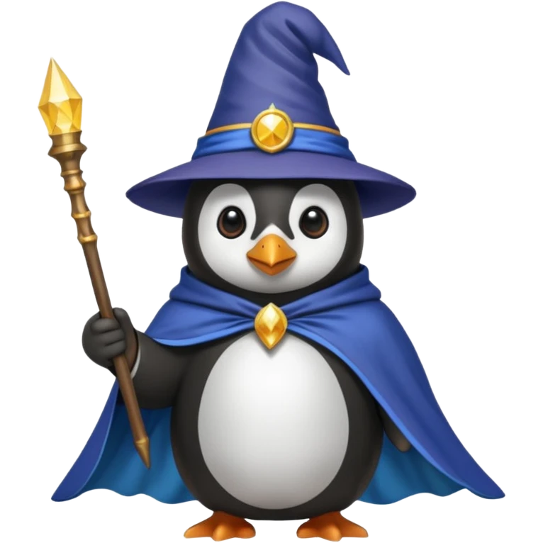 A penguin dressed as a wizard, holding a magic wand, with a pointy hat and a cape emoji