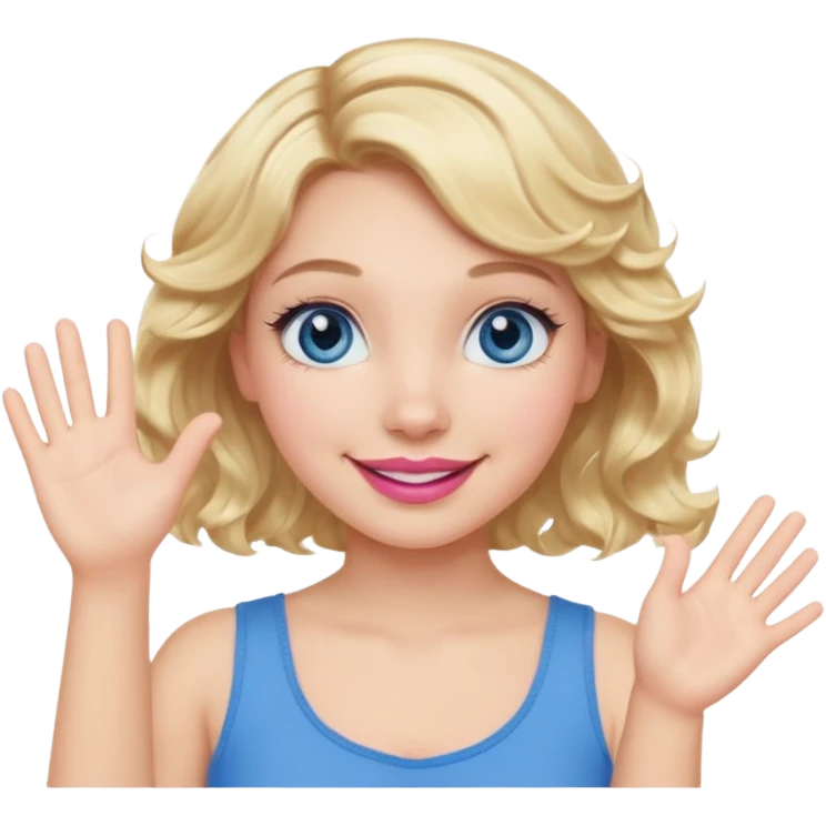 Girl Blonde short wavy hair,  blue eyes, cute blue top, long lashes, pink lips, smiling, waving hello  emoji