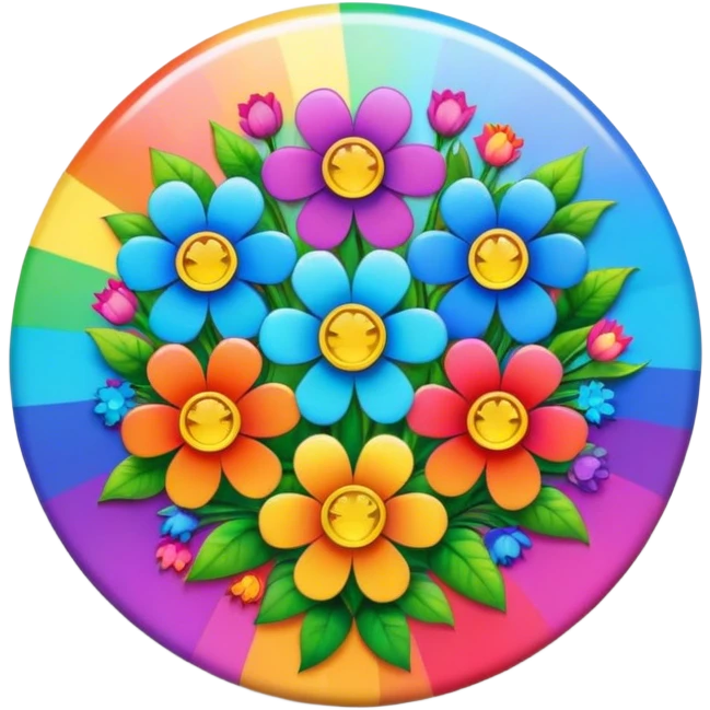 A round psychedelic colored button with rainbow colored flowers in the center emoji