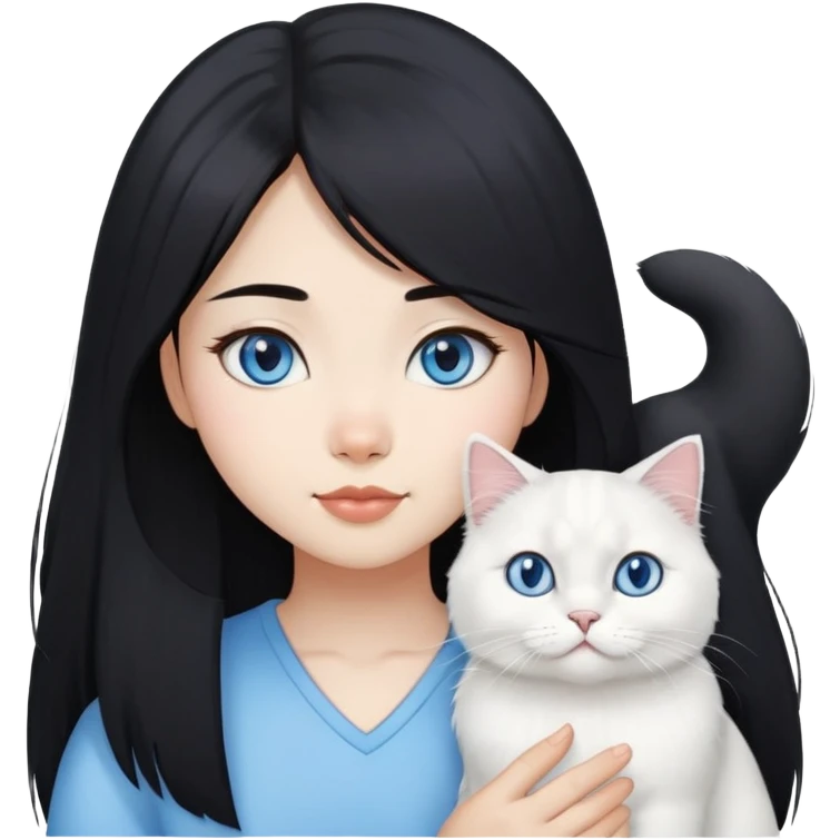 black hair Asia girl with White British longhair cat blue eyes  emoji