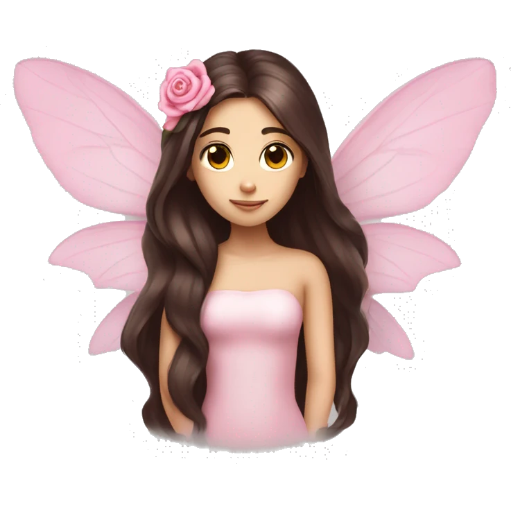 Beautiful, rose, fairy, pink, long dark brown hair, big wings, fair skin emoji
