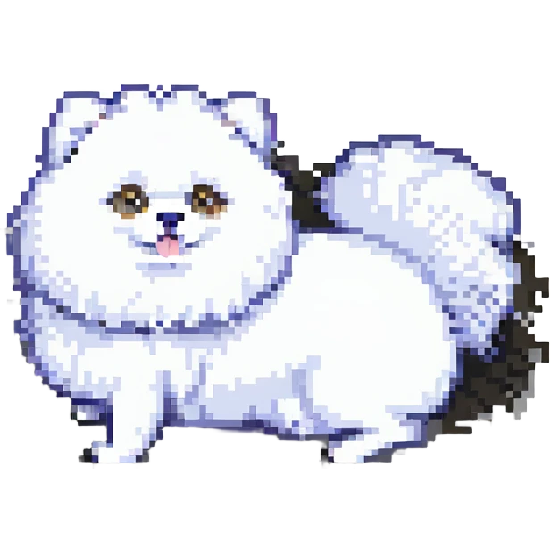 happy white Pomeranian rolling on the ground pixel art emoji