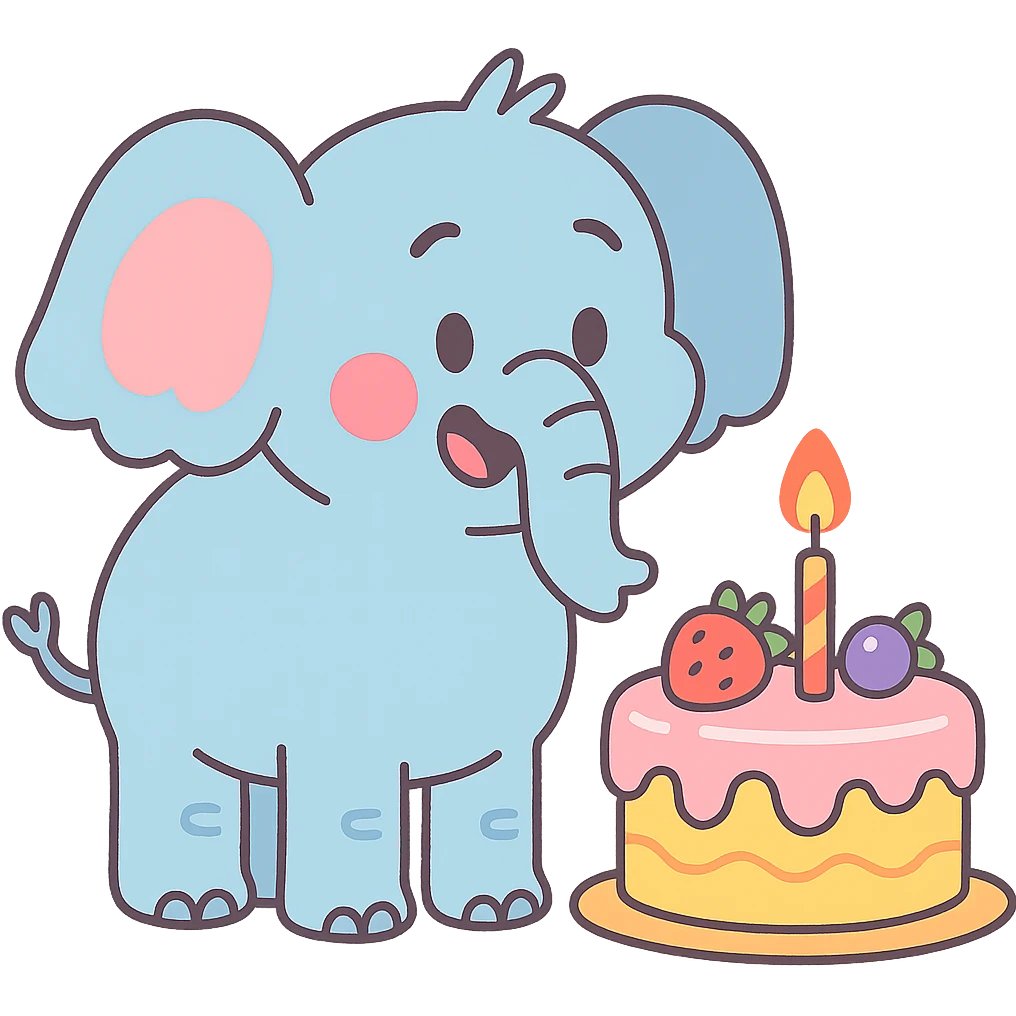 elephant beside one colorful candle-lit fruit cake, pastel-toon style emoji