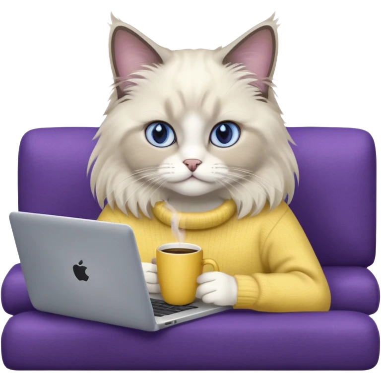 a cute blue eyed ragdoll cat wearing the dark violet sweater with yellow letteting "Milena" sitting on the grey sofa with grey laptop and drinking coffee emoji