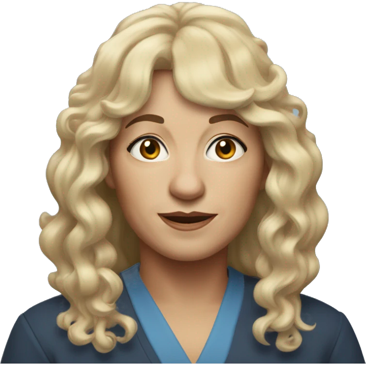 widow with blonde, shoulder length curly hair with bangs all across forehead, blue eyes,  60 years old, 180 pounds emoji