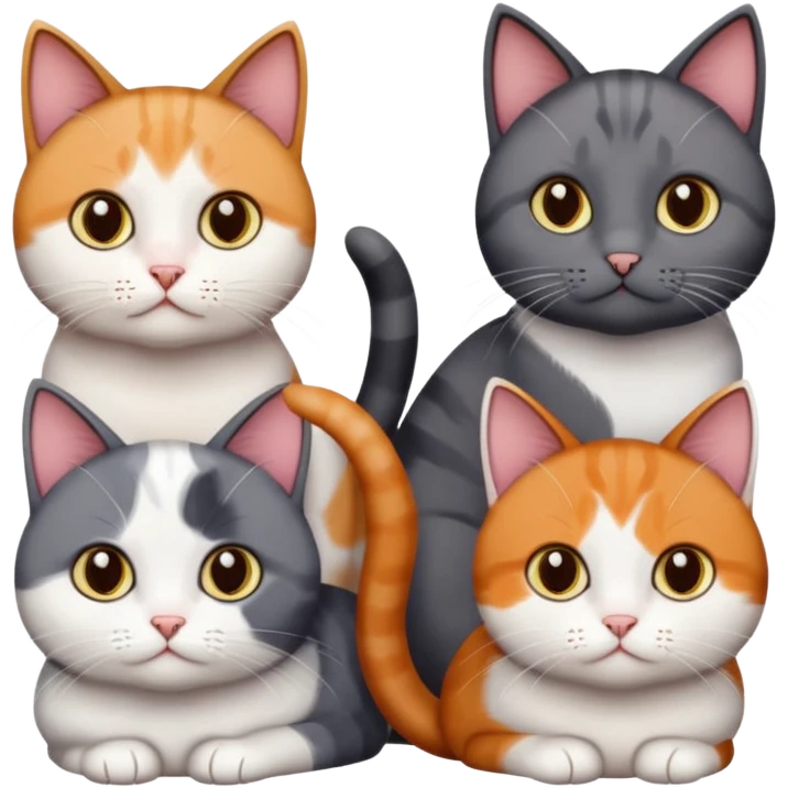5 different coloured short haired cats including; a dark brown and white cat, and a dark grey and white, and a calico emoji