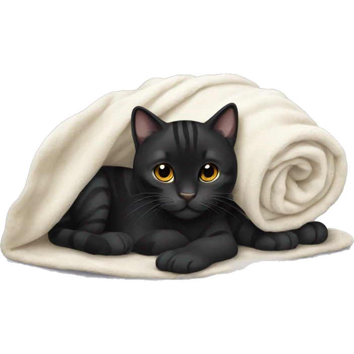 Black tiger cat with white on mouth, white neck, with a cozy blanket emoji