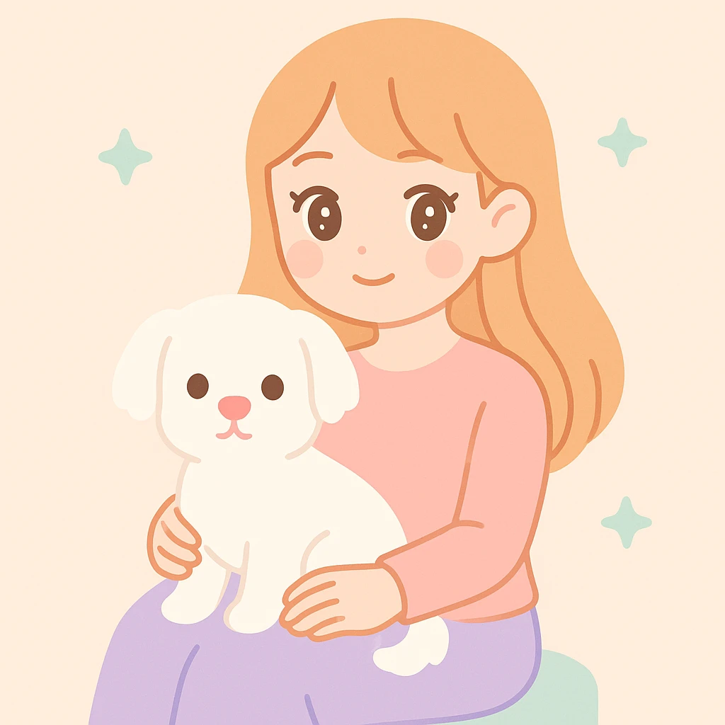 a white Maltese terrier with a pink nose on the lap of a girl with long strawberry blond hair and brown eyes, thin eyebrows, slim nose, beautiful lips, gentle anime-inspired style emoji