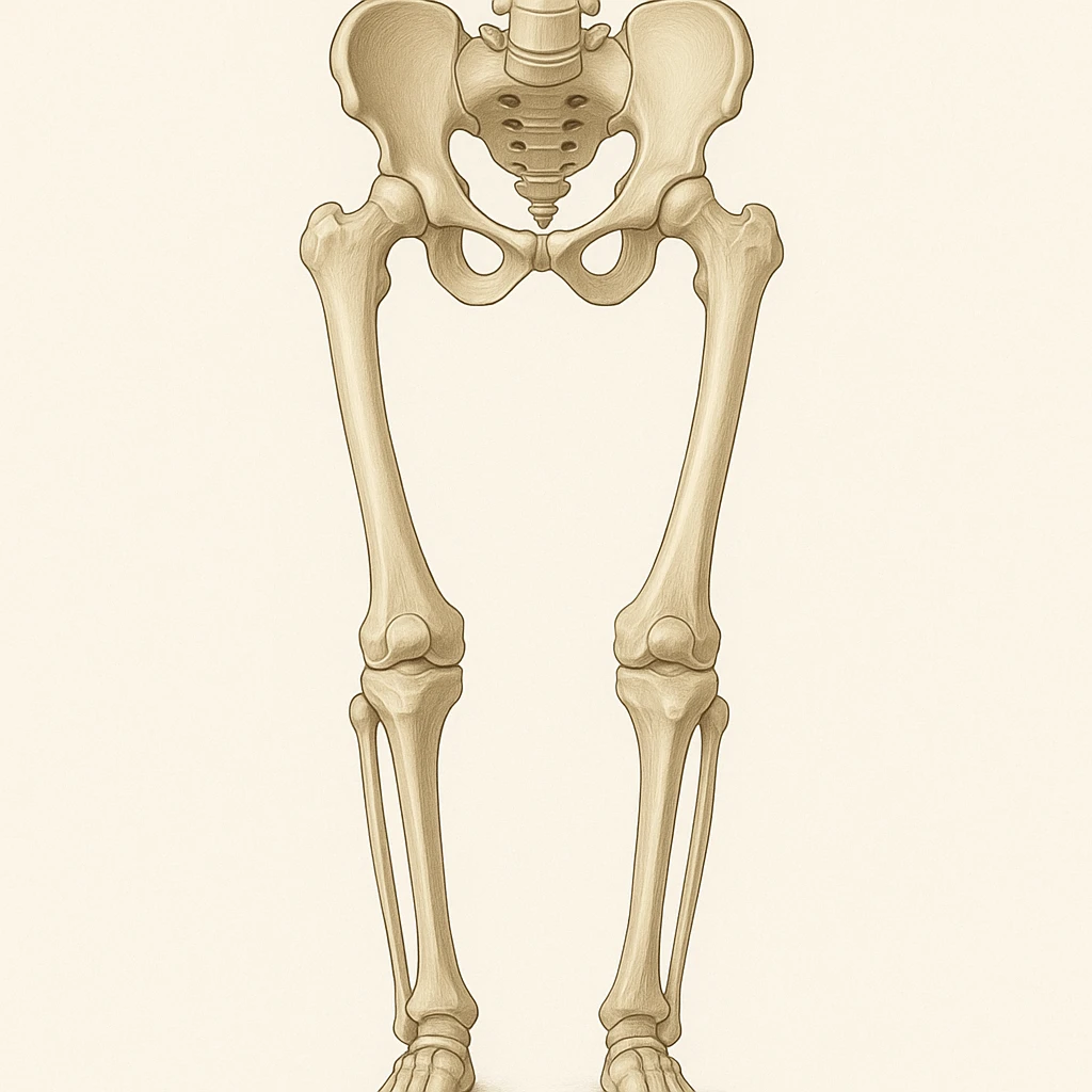 Create an anatomical illustration inspired by the style of the reference image. Show a frontal view with clearly visible genu varum (bow legs), highlighting the pelvis bones, femur, tibia, and fibula with realistic proportions. Use a clean medical style with a neutral background. No text or logos. emoji
