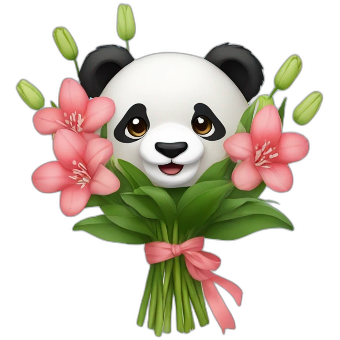 Panda bear holding lilies, hyacinths and camellias in a flower bouquet emoji