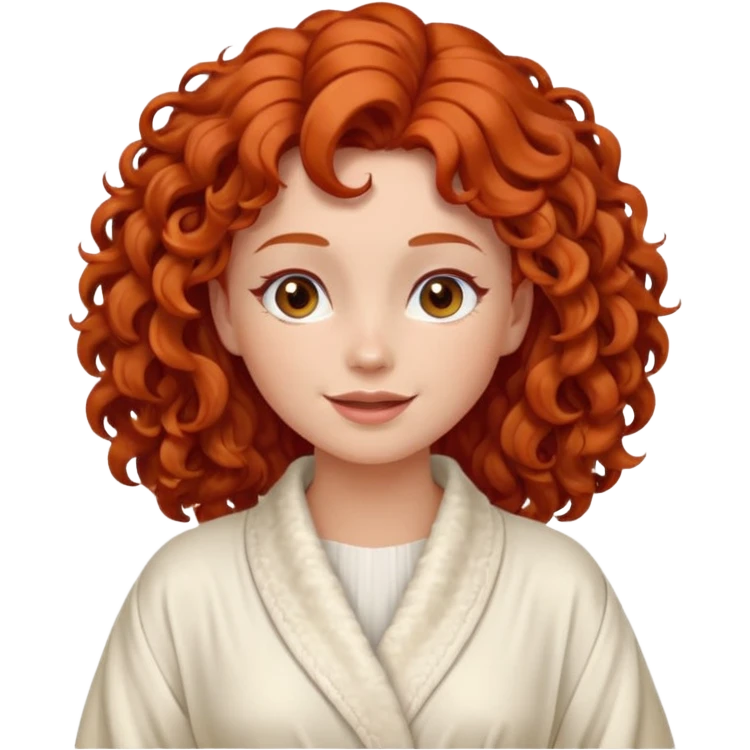 Cartoon emoji of a girl with voluminous curly red hair, fair skin, warm brown eyes. Wearing a chic milky silk robe with long sleeves, no makeup. Portrait mode, giving herself a face massage, joyful and relaxed. Smooth, simple, stylized. emoji