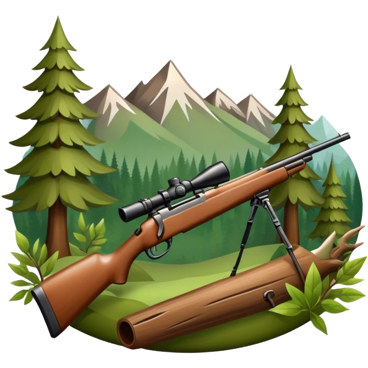Icon for Hunting Tourism: hunting rifle, surrounded by nature elements like trees, mountains, and wildlife tracks. The icon should represent the adventure and exploration of hunting tourism. Transparent background. emoji