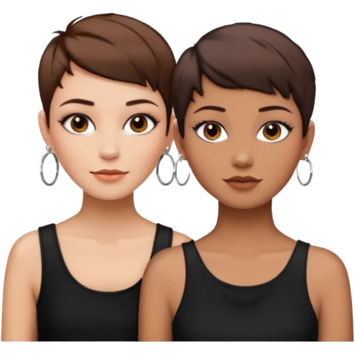 Puerto Rican fair skin straight brown pixie cut hair with hoop earrings make up and my best friend brown  colored pixie cut with jewelry and makeup on her face besties side-by-side wearing black  emoji