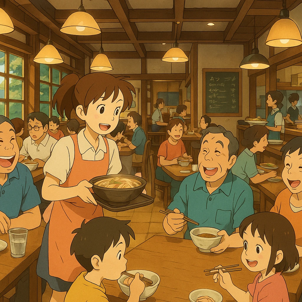 bustling anime restaurant scene with many cheerful customers, dynamic composition, Studio Ghibli style emoji