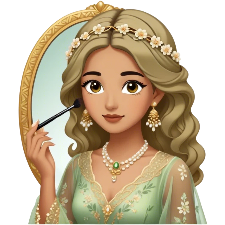  Middle Eastern-inspired moment of a woman getting ready in front of a mirror. She wears a delicate floral dress with sheer, flowy sleeves, accessorized with gold jewelry and traditional pearl-adorned hair clips. Her  as she applies mascara, her reflection revealing a soft smile.  emoji