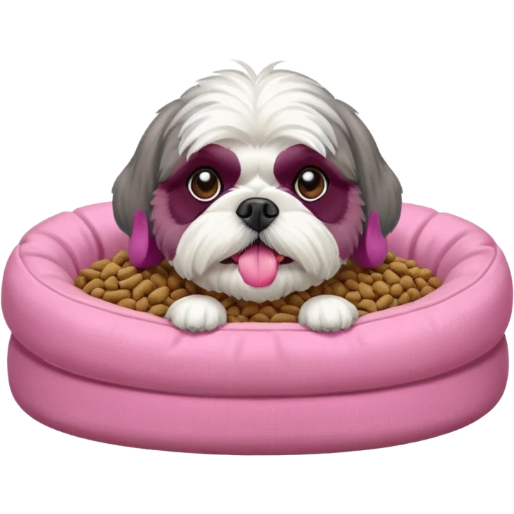 old ALL grey shih tzu in pink dog bed tongue hanging out near bowl of food emoji