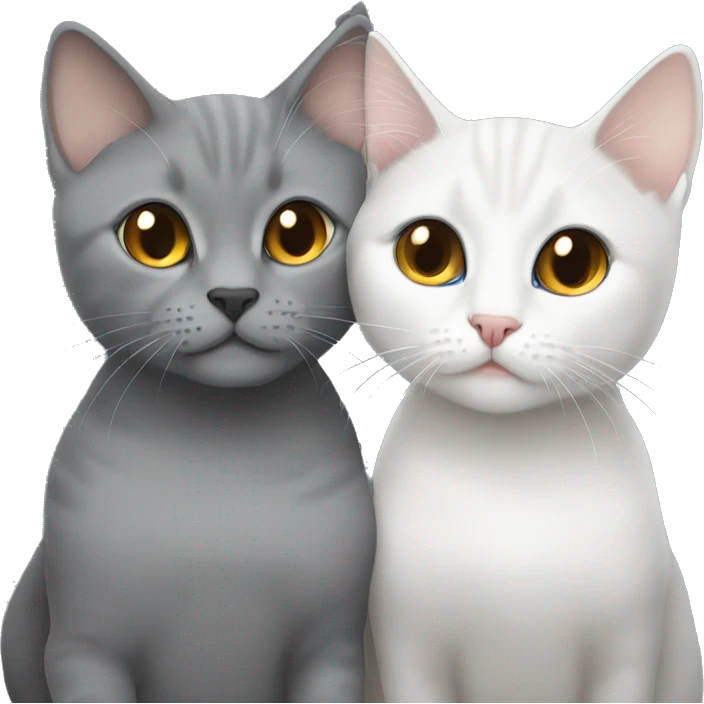 Grey British short hair with amber eyes cuddling a white British short hair with grey ears and blue eyes emoji