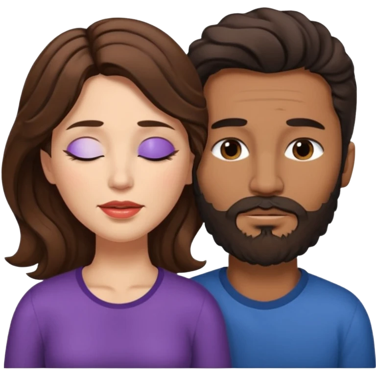White woman (brown hair with eyes closed) and brown man with black wavy hair (has a a beard with his eyes closed too),The woman has her lips on the forehead of the man. emoji