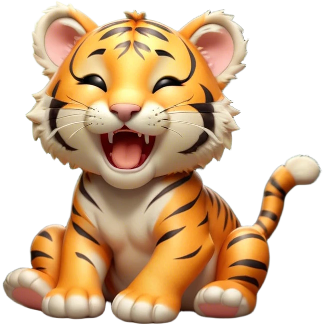 Cinematic Cute Yawning Tiger Cub Portrait Emoji, Head tilted slightly with a dramatic, wide-open yawn, showcasing a small, plush body with drowsy, half-closed eyes and an open, relaxed expression, Simplified yet irresistibly adorable features, highly detailed, glowing with a soft, cozy wild glow, high shine, relaxed yet expressive, stylized with a dash of whimsical jungle charm, soft glowing outline, capturing the essence of a drowsy yet affectionate tiger cub that appears ready to stretch out for a nap! emoji