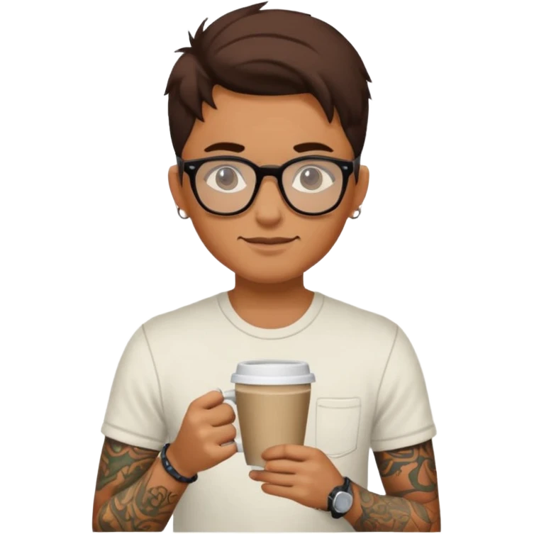 gözlük takan, dövmeli ve elinde kahve tutan, yaz kıyafetli insan emoji