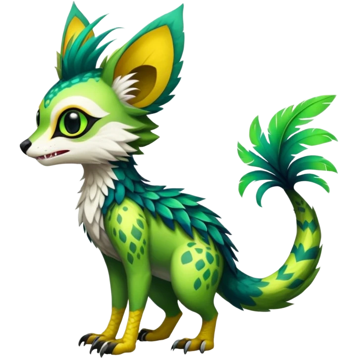 Feral Rare Fantasy vibrant tropical Vernid-Trico-species-creature by LiLaiRa, random markings, tufted tail, tufted ears, full body emoji