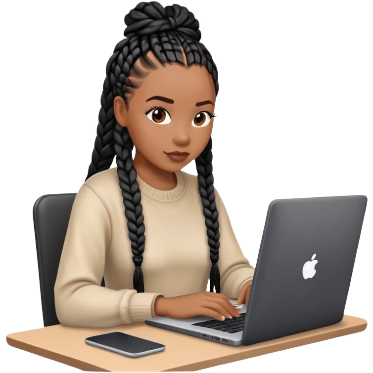  A Black woman with black box braids sitting behind a laptop, typing or looking at the screen. emoji