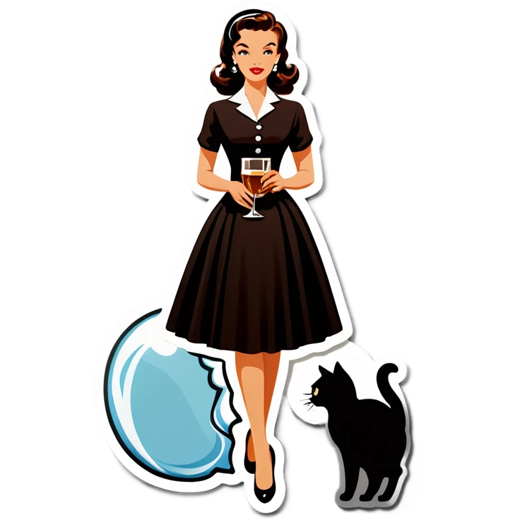 Beautiful woman in 1950’s woman fashion look, black dress, long dark brown hair, whisky with ice, black cat emoji