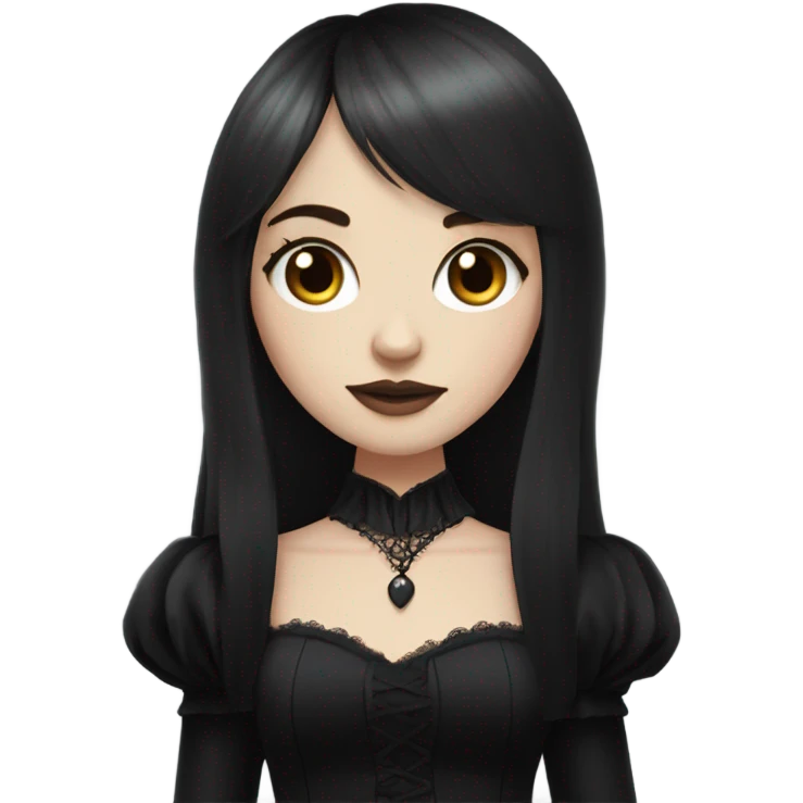 one white girl, gothic girl wearing long big bell arms, black dress, long hair with bangs, long dress emoji
