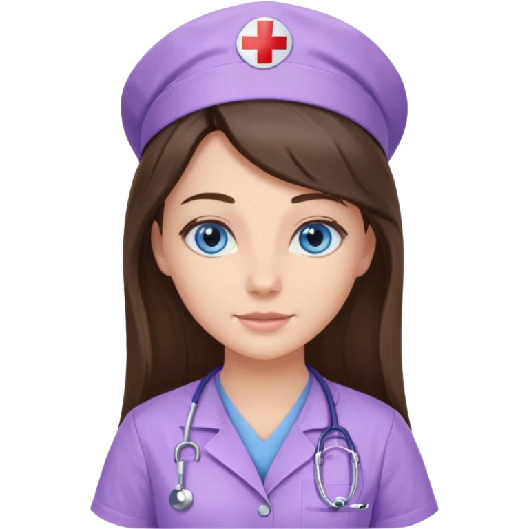 pretty brunette nurse with long hair and blue eyes in lilac scrubs emoji