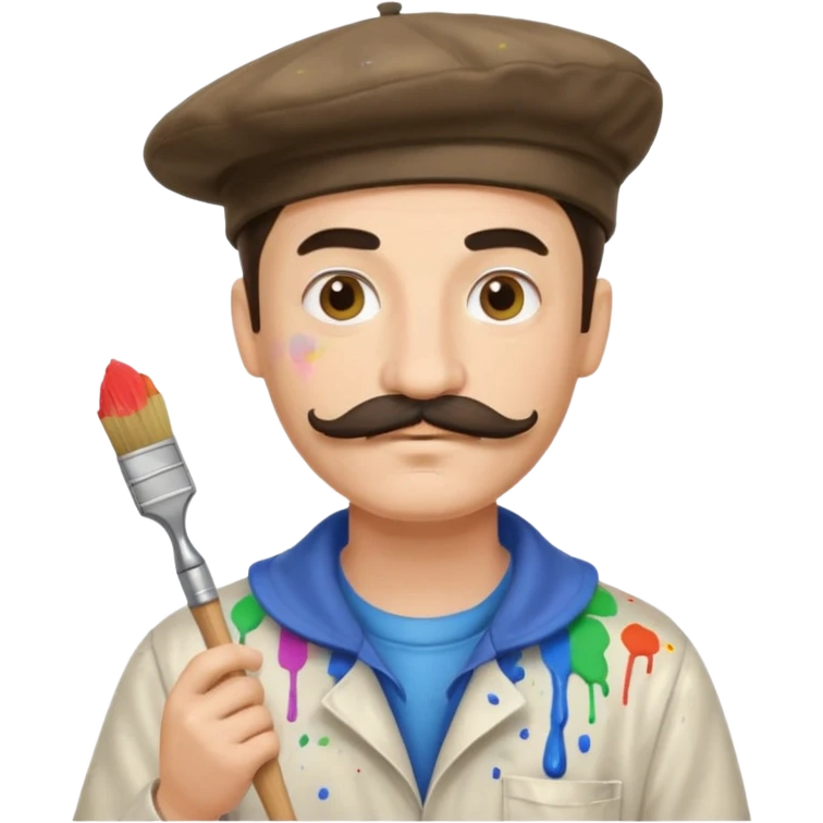 male artist with a mustache beret paint-splattered smock holding a brush emoji