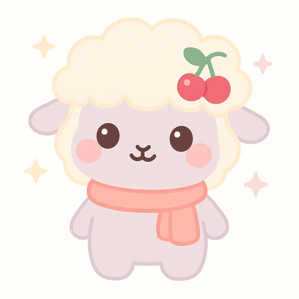 kawaii sheep with fluffy creamy white wool warm tint, gentle pastel gray body, rosy cherry pink cheeks, sparkling dark brown eyes, wearing cherry hair clip deep cherry red with green leaf, pastel coral scarf emoji