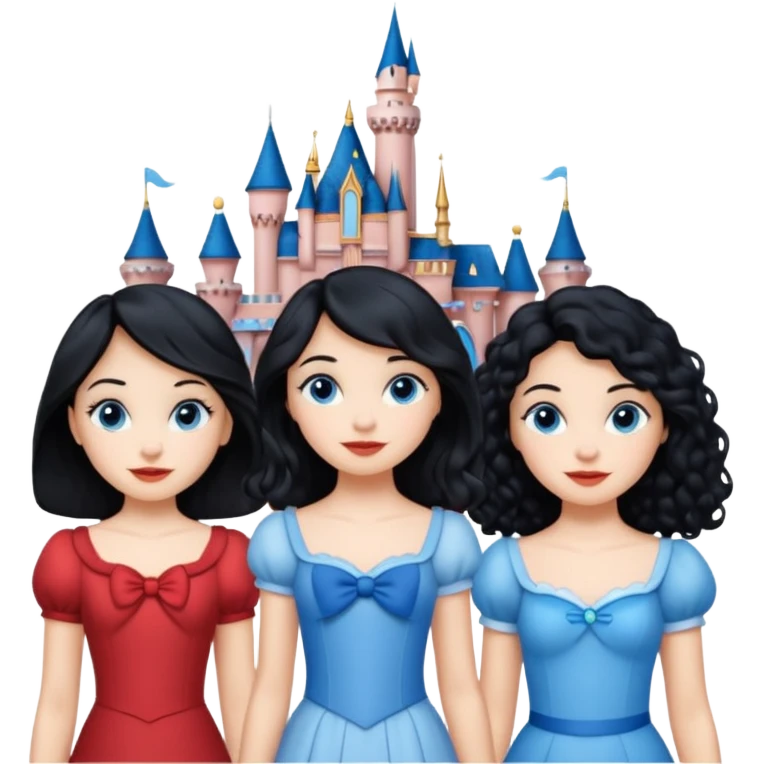 escribe el nombre Disneyland Paris y para titulo, pon a quatro chicas: una pelo corto negro, una pelo rizado largo, una pelo largo liso y la otra pelo ondulado mediano, esta con el ojos azules. Todas tienen piel carne y pon las chicas por los sitios después del nombre emoji