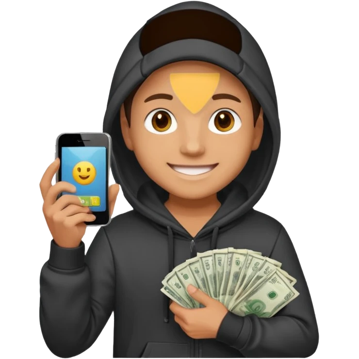 miling young entrepreneur in a hoodie, holding a stack of cash in one hand and a phone in the other, clean emoji style, soft lighting, simple background emoji