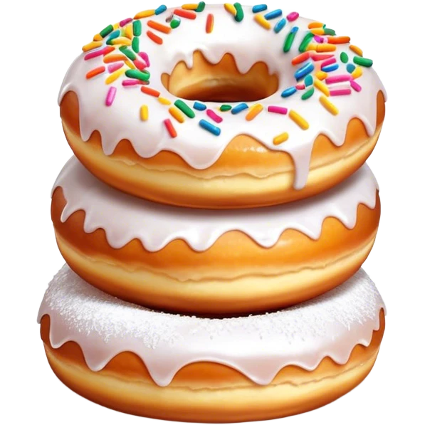 Cinematic fluffy donuts, perfectly golden and dusted with powdered sugar, vibrant icing with sprinkles, stacked in a playful arrangement, soft glowing highlights, warm and inviting. emoji